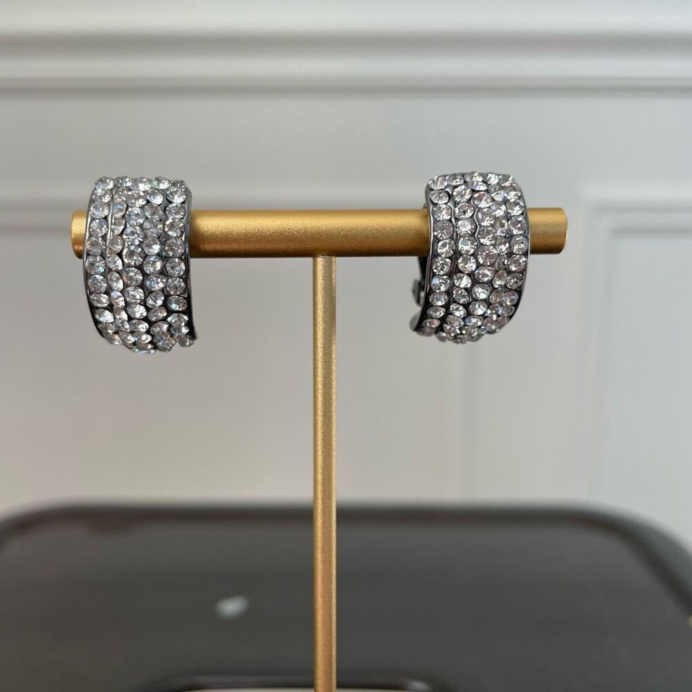 C-Shape Rhinestone Crystal Clip On Earrings Gunmetal